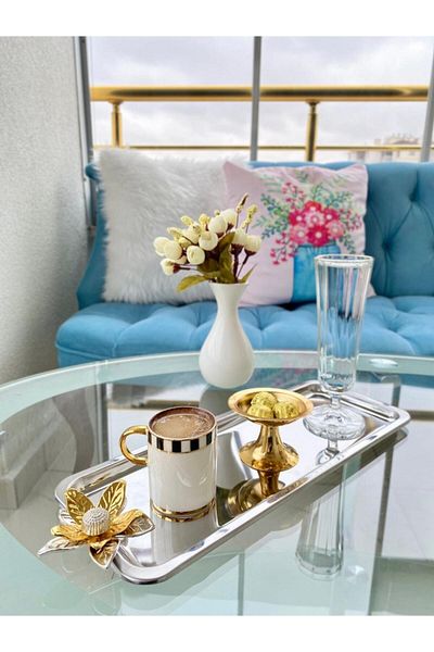 Aslı Hediyelik Luxury Lily Flower Stainless Steel Silver Baton Service, Tea, Coffee, Treats and Presentation Tray