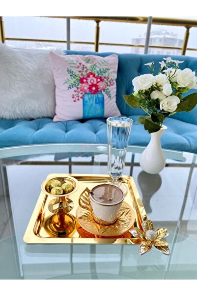 Aslı Hediyelik Lüx Zambak Çiçekli Paslanmaz Çelik Kare Gold Kahve, Çay, Dekor...