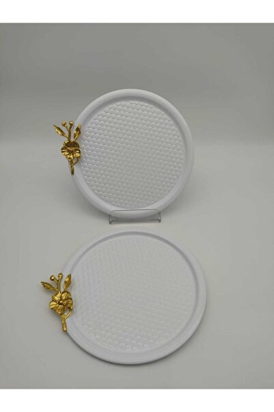 Aslı Hediyelik 2'li Beyaz Yuvarlak Desenli Gold Çiçekli Sunum Tepsisi, Dekora...