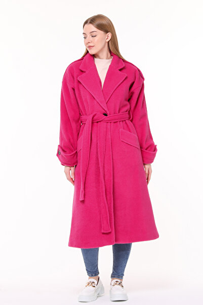 Neşeli Butik Women's Belted Oversize Wool Stamp Coat NBPLTN02 Fuchsia