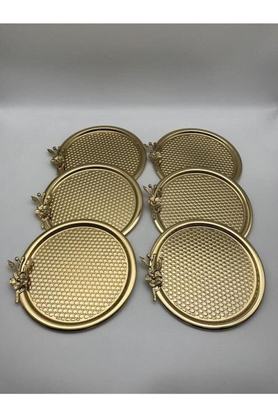 Aslı Hediyelik Set of 6 Round Patterned Gold Plated Floral Presentation, Decorative Serving Tray Tea Coffee 23 Cm