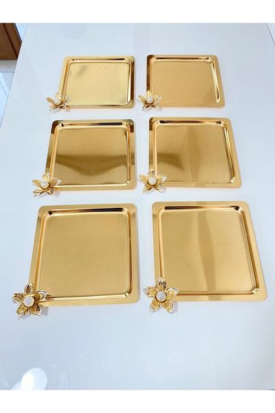 Aslı Hediyelik Luxury Lily Flower Stainless Steel Square Set of 6 Gold Coffee, Tea, Decorative Presentation Serving Tray
