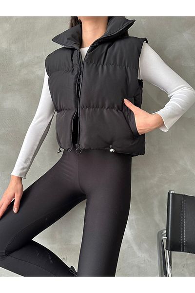MEECY Schwarze Pufferweste für Damen mit Stehkragen