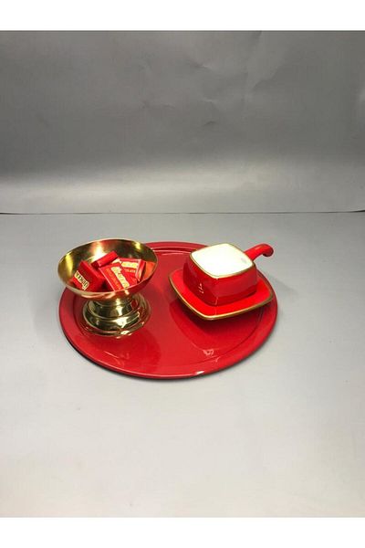 Aslı Hediyelik Metal Red Single Decorative Tea, Coffee and Cake Service Presentation Tray 23 Cm