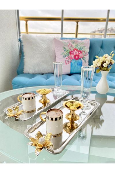 Aslı Hediyelik 3-Piece Lily Flower Luxury Stainless Steel Silver Baton Service, Tea, Coffee, Treats and Presentation Tray