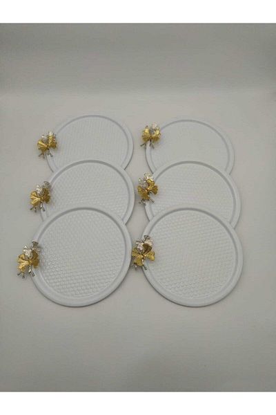 Aslı Hediyelik 6-Piece Butterfly Round, Patterned White Presentation, Decorative Serving Tray, Tea, Cake, Coffee 23 Cm