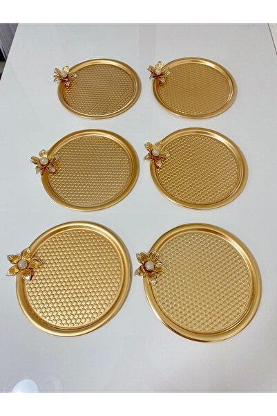 Aslı Hediyelik 6 قطع من زهرة الزنبق دائرية الشكل باللون الذهبي، صينية تقديم مزخرفة، شاي، كيك، قهوة 23 سم