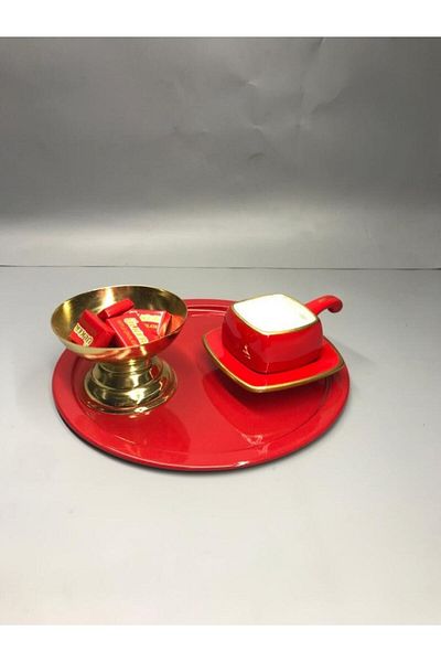 Aslı Hediyelik Metal Red Single Decorative Tea, Coffee and Cake Service Presentation Tray 23 Cm