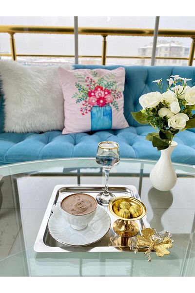 Aslı Hediyelik Stainless Steel Square Silver Coffee, Tea, Decorative Presentation Serving Tray with Luxury Butterfly Accessories