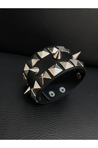 Aksabeltchokers 4.cm Gümüş Renk Çift Sıra Piramit&çivili Bileklik 20.cm