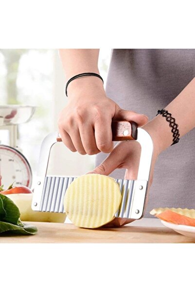 Alışverişhanem Pratik Paslanmaz Çelik Ahşap Kollu Saplı Patates Meyve Sebze Doğrama Dilimleme Kesme Cips Bıçağı