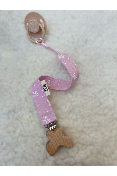 GOER STORE Natural Wooden Butterfly Detailed Pink Ribbon 100% Cotton Fabric Baby Pacifier Strap