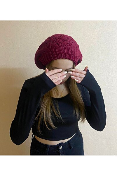 sema aksesuar Women's Winter Burgundy Color Patterned Beret - Hat - Valentine...