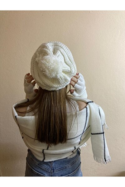 sema aksesuar New Year's Gift - Ecru Black Striped Pompom Knitted Beanie and Gloves Set