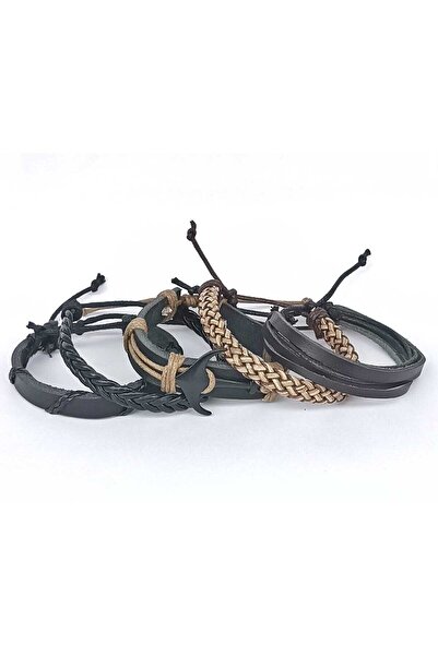 BSN Store سوار من الجلد الطبيعي مكون من 5 قطع على شكل مرساة سوداء