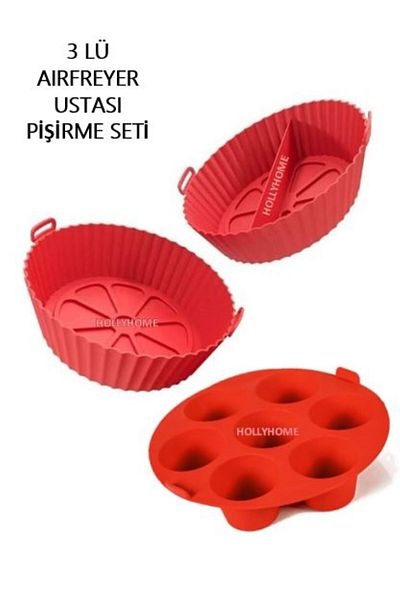 HOLLYHOME 3 Piece Silicone Airfryer RED Baking Dish Toppers, Muffins, Two Compartment Oven, Air Fryer HH