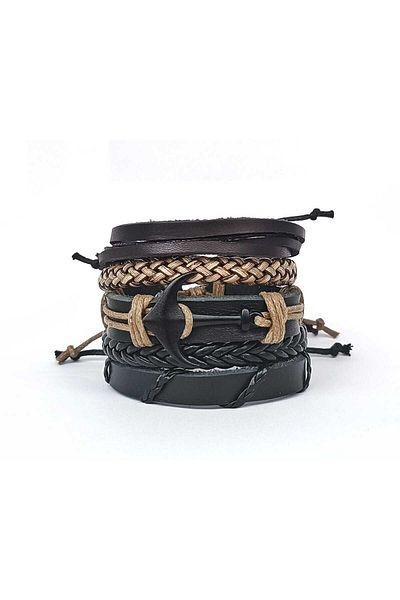 BSN Store Black Anchor Figured Tan String 5 Pieces Genuine Leather Bracelet