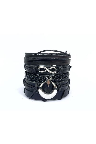 BSN Store Set of 5 Black Handmade Genuine Leather Bracelets with Moon and Infinity Figures