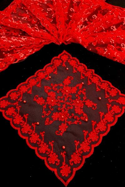 ZEYMERADE Simli Incili Kırmızı Halay Mendili, Gelin Mendili, Hediyelik Mendil...