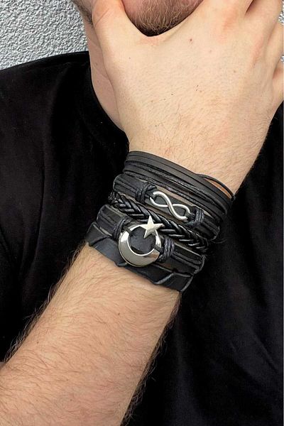 BSN Store Set of 5 Black Handmade Genuine Leather Bracelets with Moon and Infinity Figures
