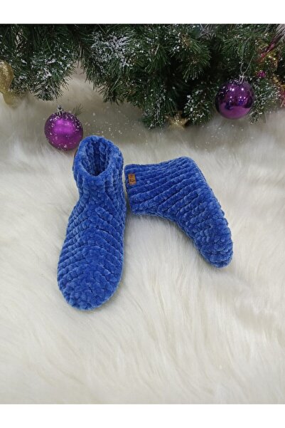 Tuyy El Örgüsü Özel Tasarım Mavi Kadife Ip Ev Botu& Patik