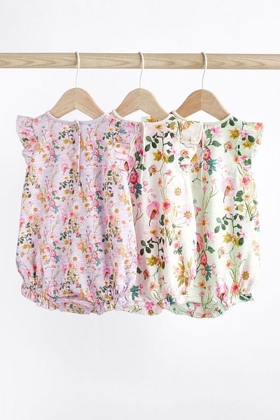 Next Baby 100% Cotton Lilac Purple Floral Patterned 3-Piece Romper Set