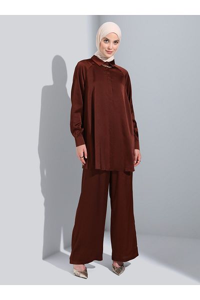 Refka Satin Tunic & Pants Double Set - Brown -