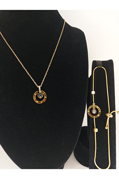 Romea Kolyesinde 100 Dilde Seni Seviyorum Yazılı Kararmaz Çelik Kolye & Bileklik Takı Seti - Altın Rengi