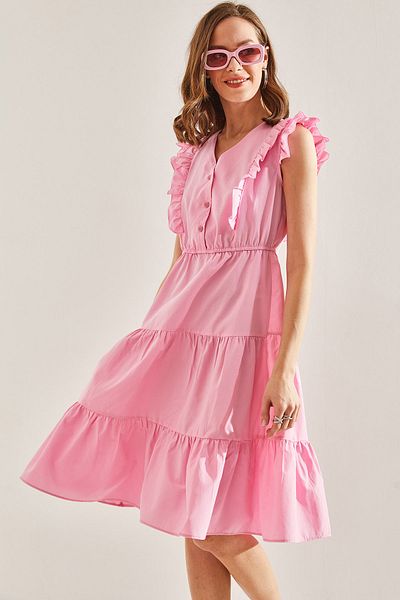 Bianco Lucci Ausgestelltes Kleid mit Rüschen und elastischer Taille und Knöpfen für Damen