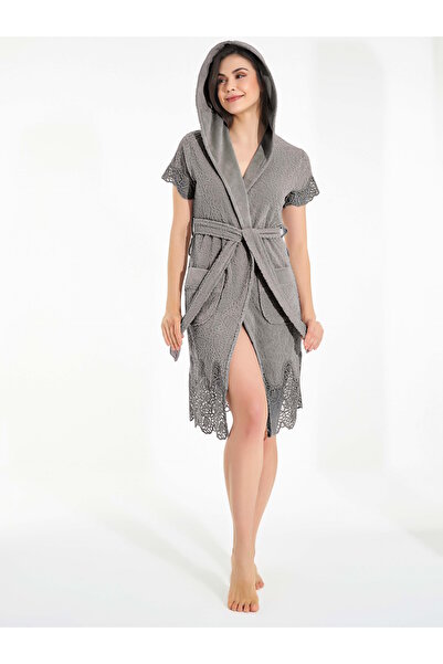 Nuşa Короткий жакардовий бамбуковий бавовняний халат з мереживом