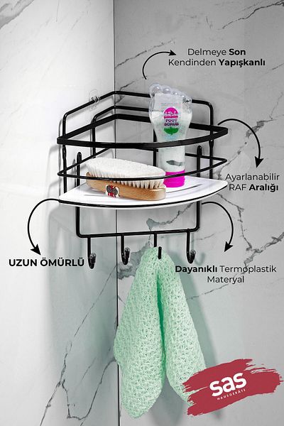 Sas Haus Hanging Bathroom Organizer with Stainless Crystal and Shelf - Adhesiveness Corner Lk-01 Sbsk