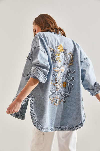Bianco Lucci Women's Back Embroidered Denim Jacket
