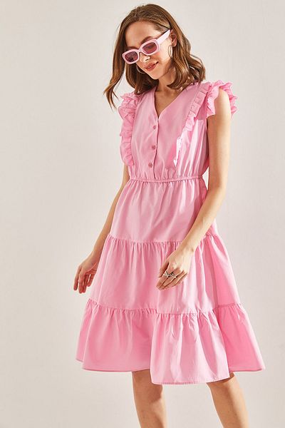 Bianco Lucci Ausgestelltes Kleid mit Rüschen und elastischer Taille und Knöpfen für Damen