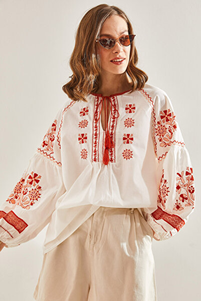 Bianco Lucci Dámská vyšívaná halenka na zavazování