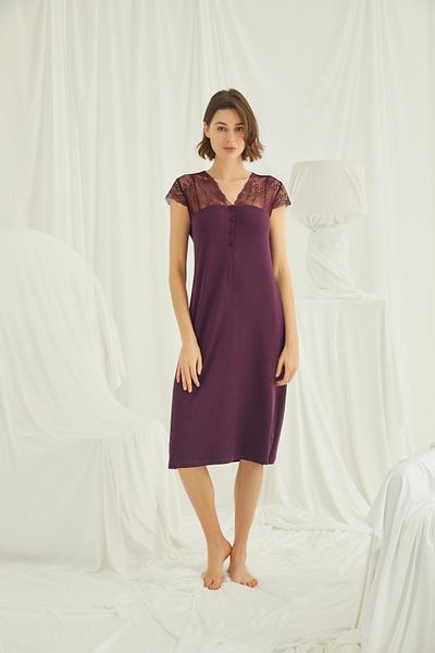 MONAMİSE Monamise Women's Sleeve Shoulder and Collar Lace Front Buttoned Nightgown 18403
