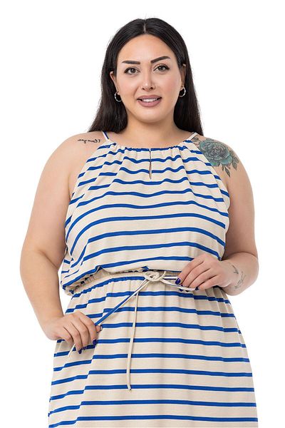 DISENTIS MODEST Plus Size Tie Λεπτομερές λουράκι ελαστικό στη μέση ριγέ μακρύ φόρεμα