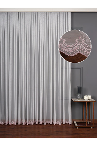 perdealemi Eteği Pembe Nakışlı Tül Perde Ütü İstemez Salon Misafir Yatak odal...