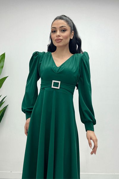 giyimmasalı Imported Crepe Fabric Midi Dress with Belt Detail - Emerald Green