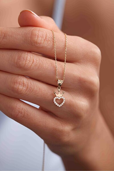 Gianfranco 14 Ayar Altın Kraliçe Prenses Taçlı Taşlı Kalp Kolye Ucu