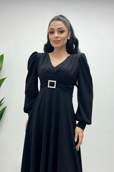 giyimmasalı Imported Crepe Fabric Midi Dress with Belt Detail - Black