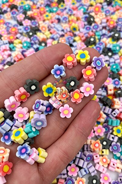 Ebruli Boncuk Mărgele Fimo cu figurine colorate margarete plate de 10 mm pentru realizarea de bijuterii (80 buc.)