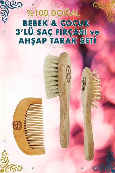 Ma'Vessa 3-Piece Natural Baby & Kids Hair Brush Set (Bumberwood Comb-Goat Hair Brush-Bamboo Comb)