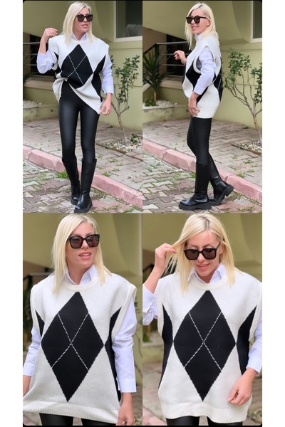 RECEP AYDIN Women's Ecru Black Diamond Patterned Knitwear Sweater