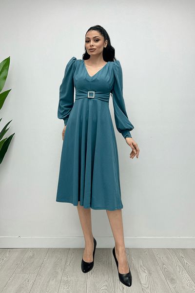 giyimmasalı Imported Crepe Fabric Midi Dress with Belt Detail - Water Green