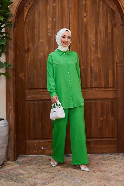 She Olive Pants Burrgnçmük Hijab Set - green