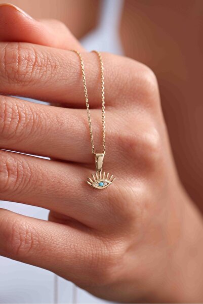 Gianfranco 14 Ayar Altın Taşlı Mavi Göz Kirpikli Mini Kolye Ucu