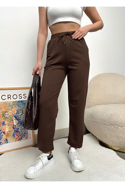 schlank Γυναικείο καφέ παντελόνι Jogger με ελαστικό ψηλόμεσο