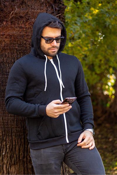 Azıcık Akıllı Ανδρικό Μαύρο Slim Fit Πλεκτό Μπουφάν Φλις με Φερμουάρ 3 Τιράζ 24ecktucct