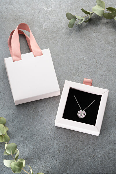 Silvano Jewelry 925 Ayar Gümüş Mıknatıslı Kutulu Pembe Taşlı Kolye