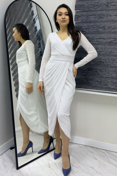 zks grup tekstil Γυναικείο βραδινό φόρεμα με μακρυμάνικο μακρυμάνικο με διπλό στήθος με λευκή παγιέτα